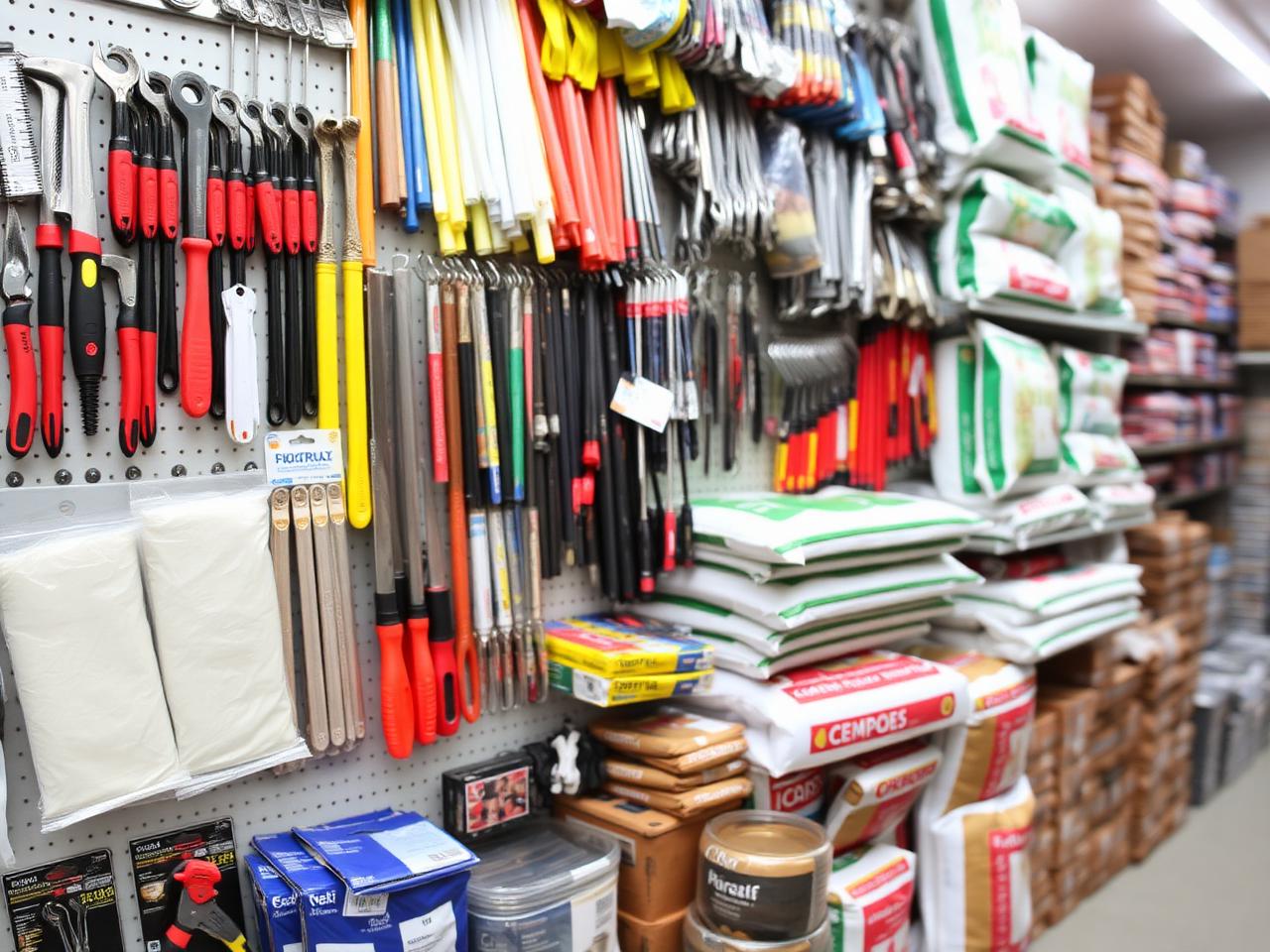 Organized display of hardware, electrical accessories, roofing sheets, pipes and cement